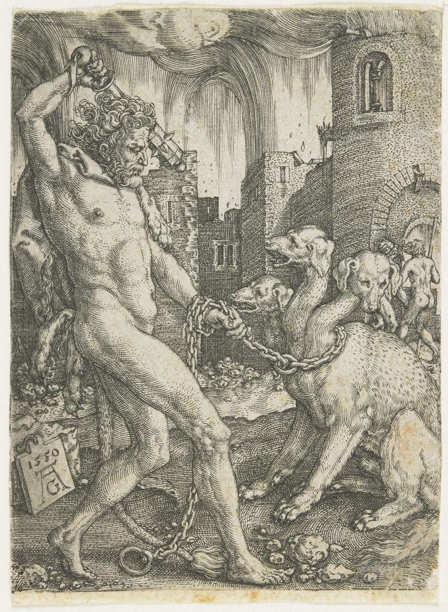 Hércules encadena a Cerbero, 1550 de Heinrich Aldegrever