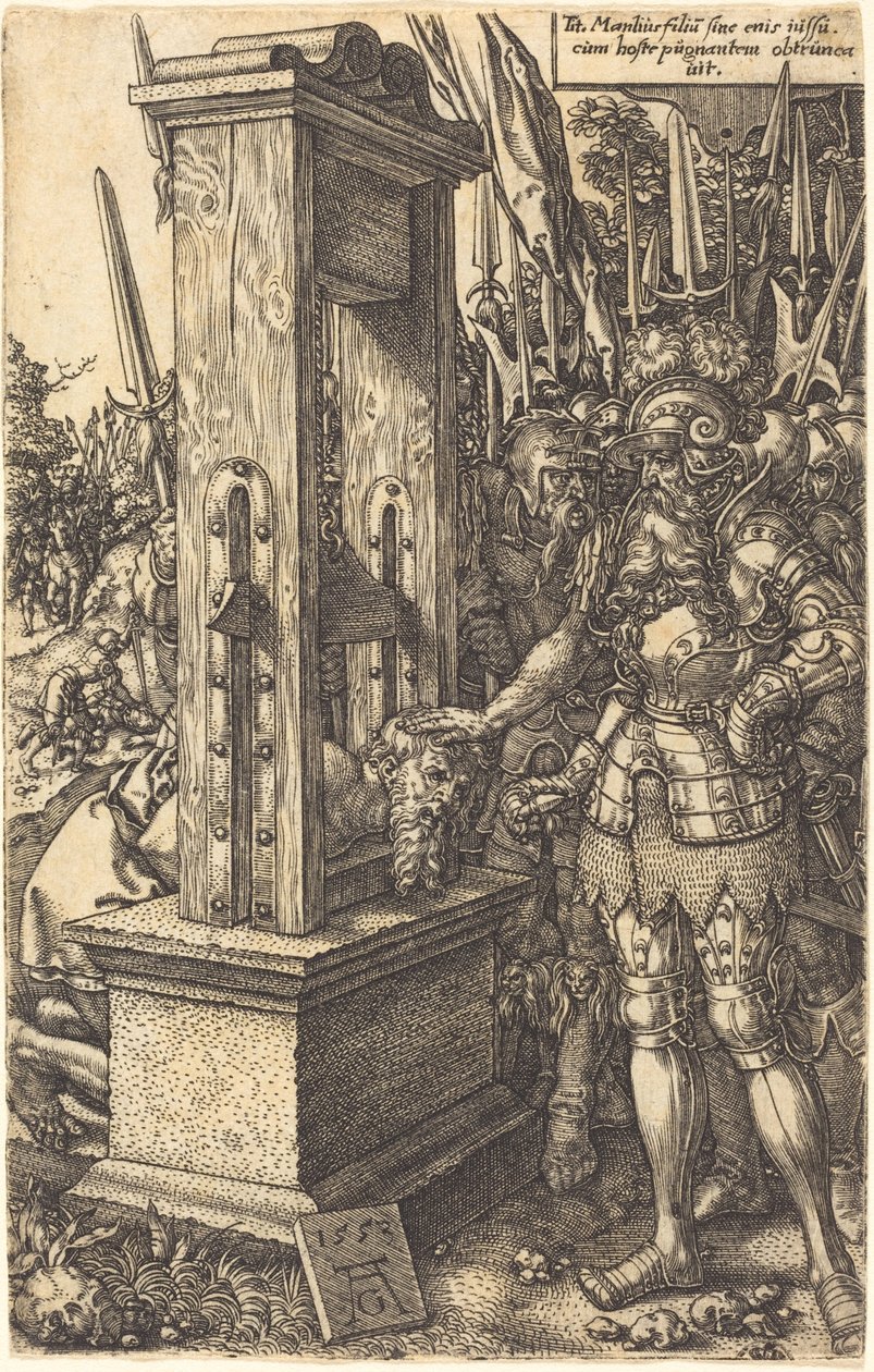 Tito Manlio decapitando a su hijo, 1553 de Heinrich Aldegrever