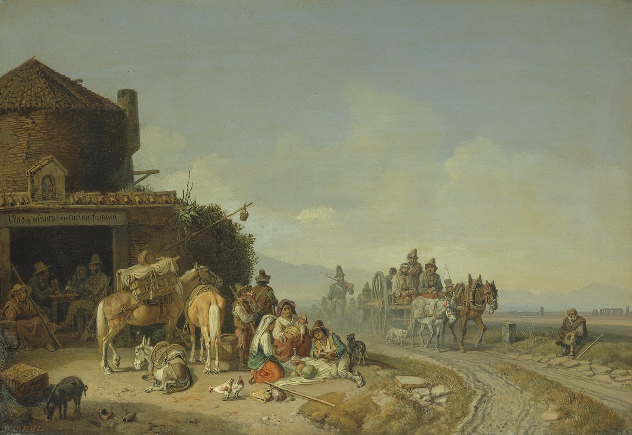 Viajeros ante una posada de Heinrich Burkel