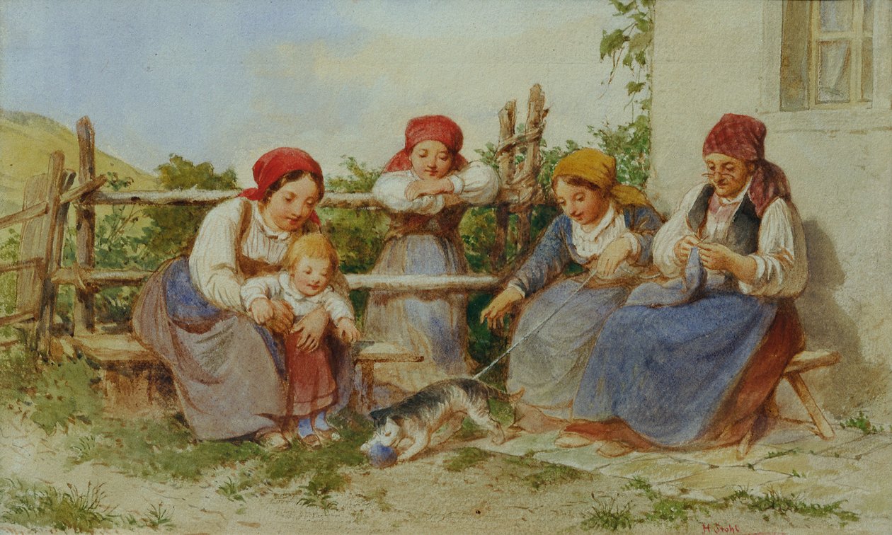 Mujeres y niños con un gato jugando. de Heinrich Stohl