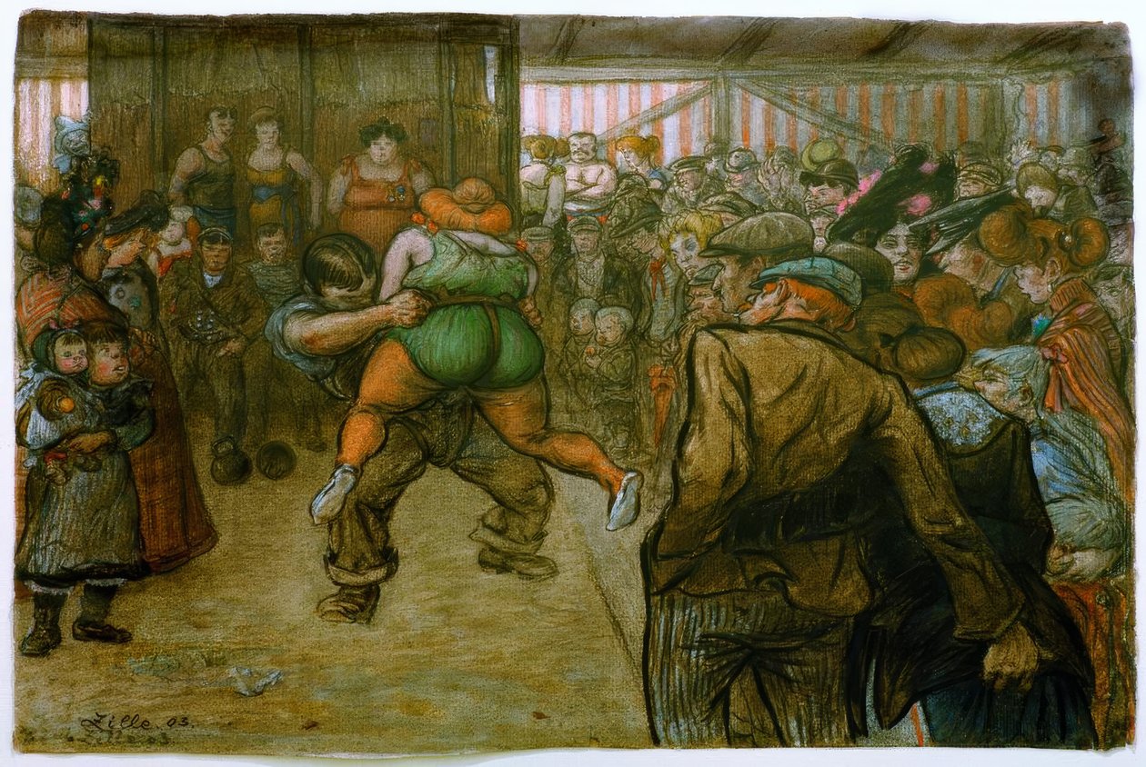 Lucha libre en la barraca de feria de Heinrich Zille