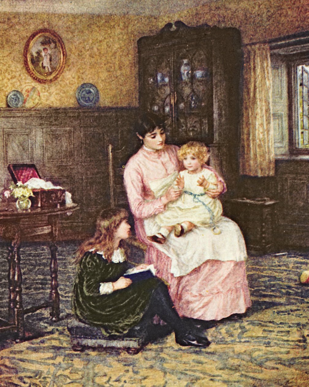 Madre jugando con niños en un interior de Helen Allingham
