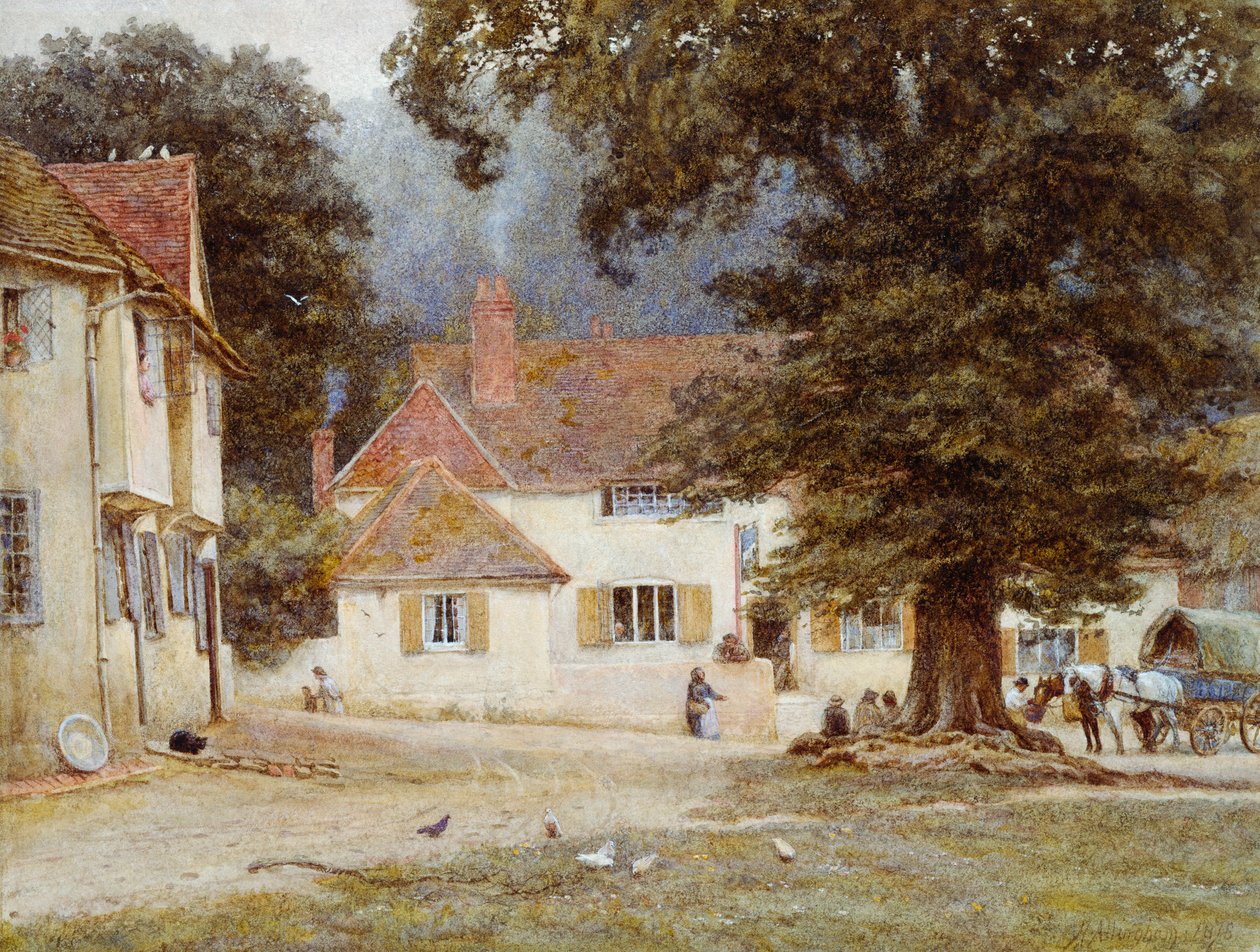 Un carro junto a una posada del pueblo de Helen Allingham