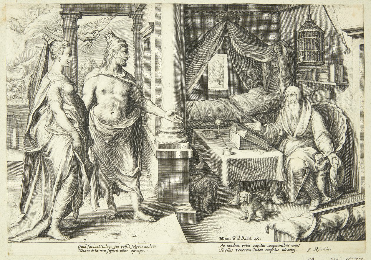 Júpiter y Juno consultan a Tiresias de Hendrick Goltzius