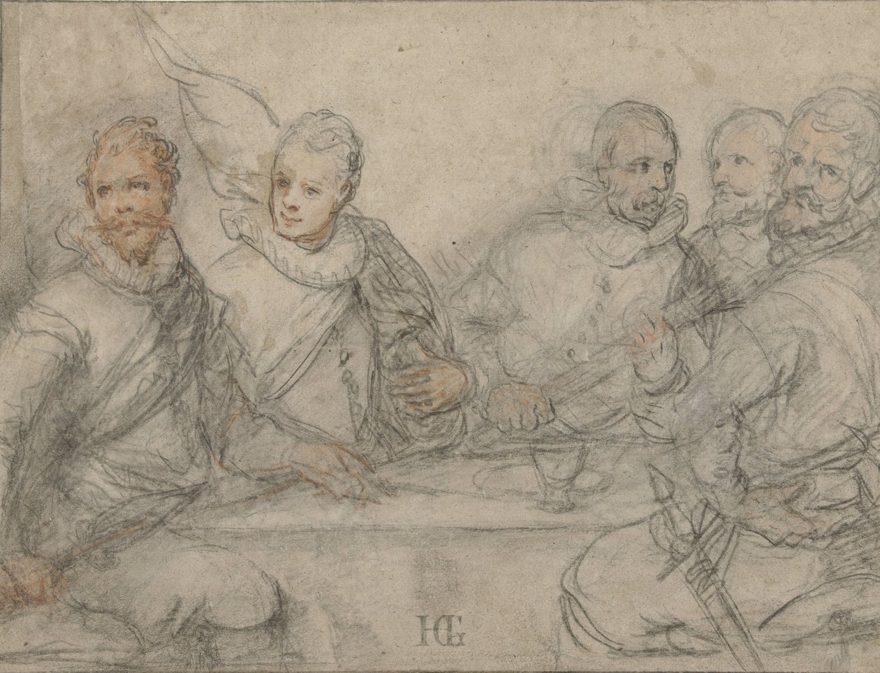 Cinco oficiales, estudiando para una comida de la milicia. de Hendrick Goltzius