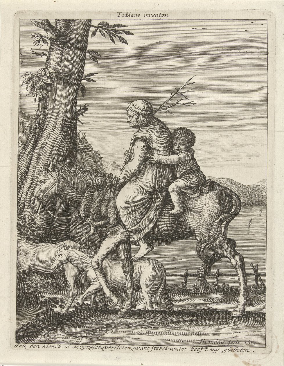 mujer y niño a caballo de Hendrick Hondius (I)