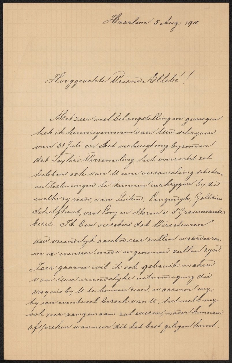 Carta a August Allebé de Hendrik Jacobus Scholten