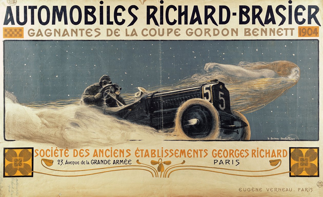Póster mostrando Automóviles Richard-Brasier ganando la Copa Gordon Bennett, 1904 de Henri Jules Ferdinand Bellery Defonaines