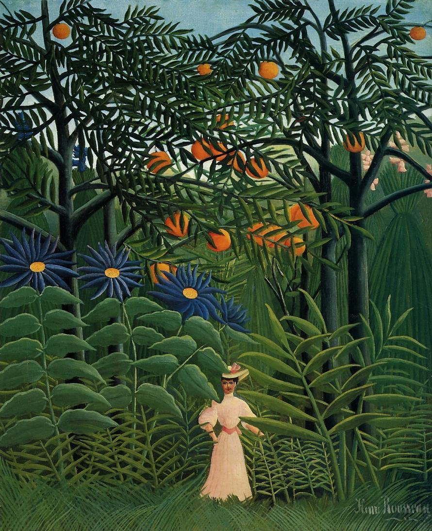 Mujer paseando en un bosque exótico de Henri Rousseau