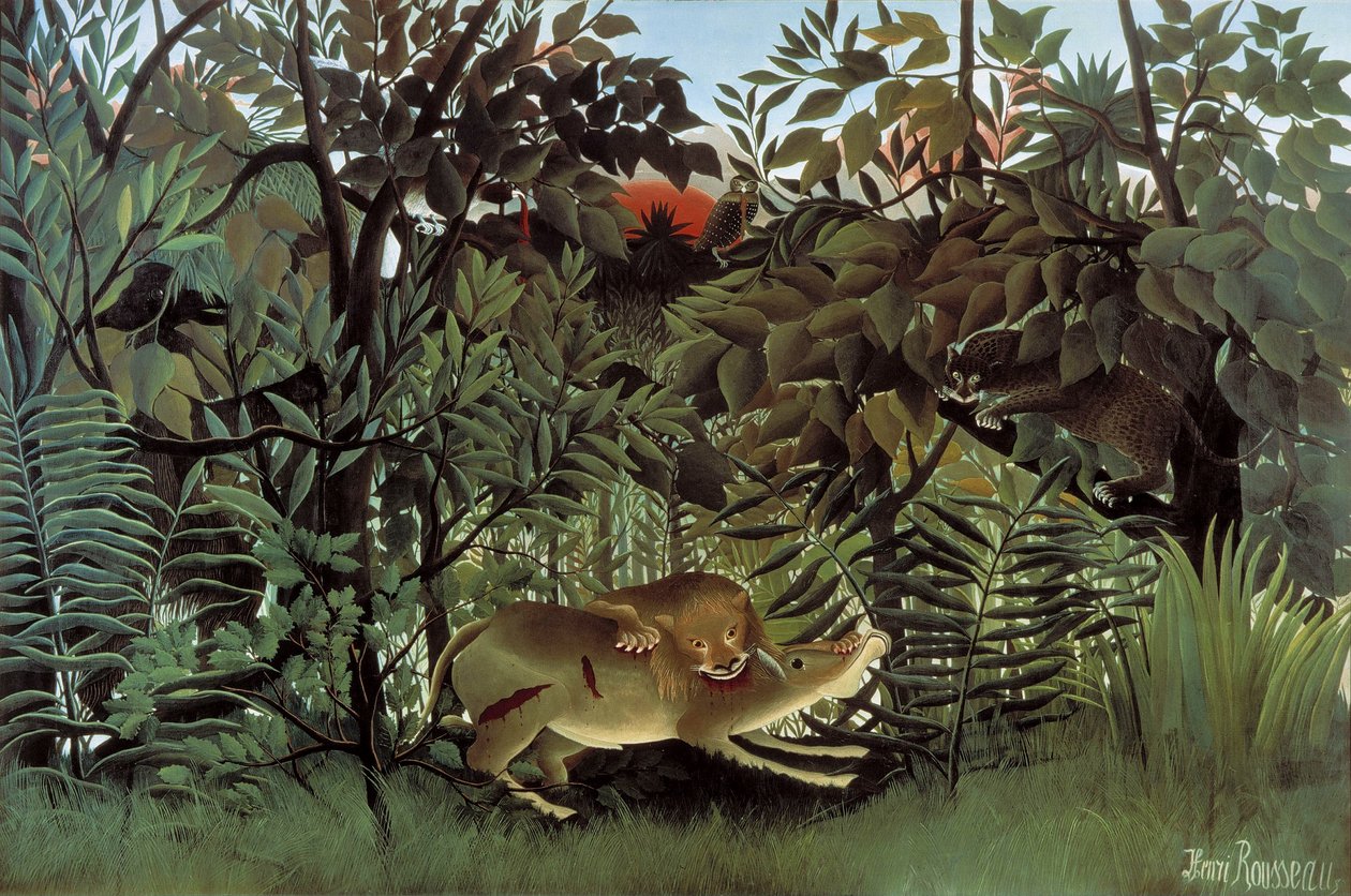 El león hambriento atacando a un antílope de Henri Rousseau