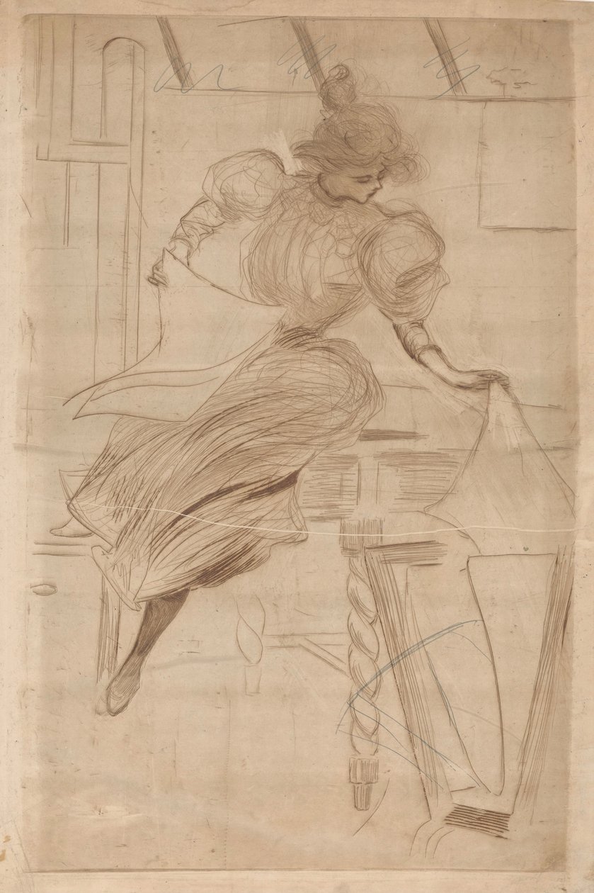 Una mujer ve impresiones en un puesto de impresión de Henri Boutet (possibly)