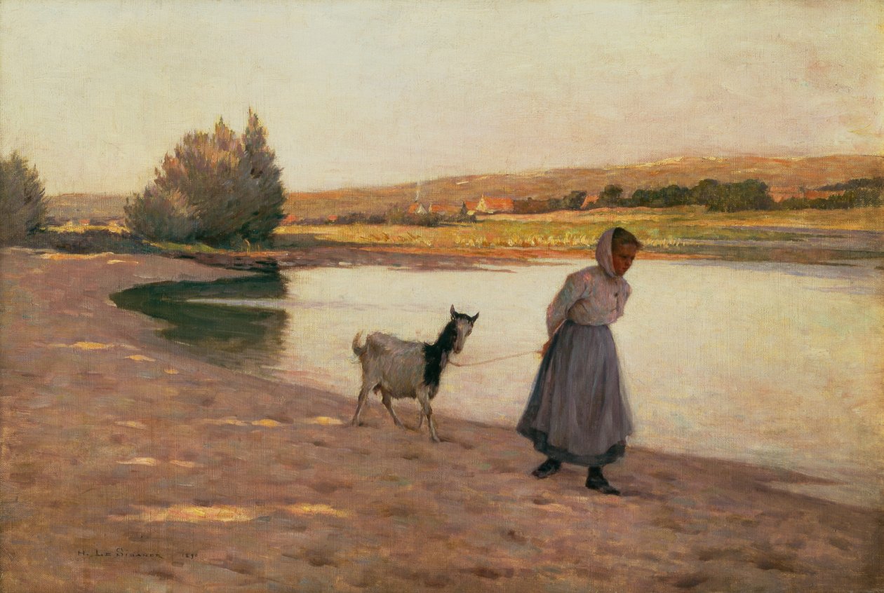 Mujer tirando de una cabra de Henri Eugene Augustin Le Sidaner