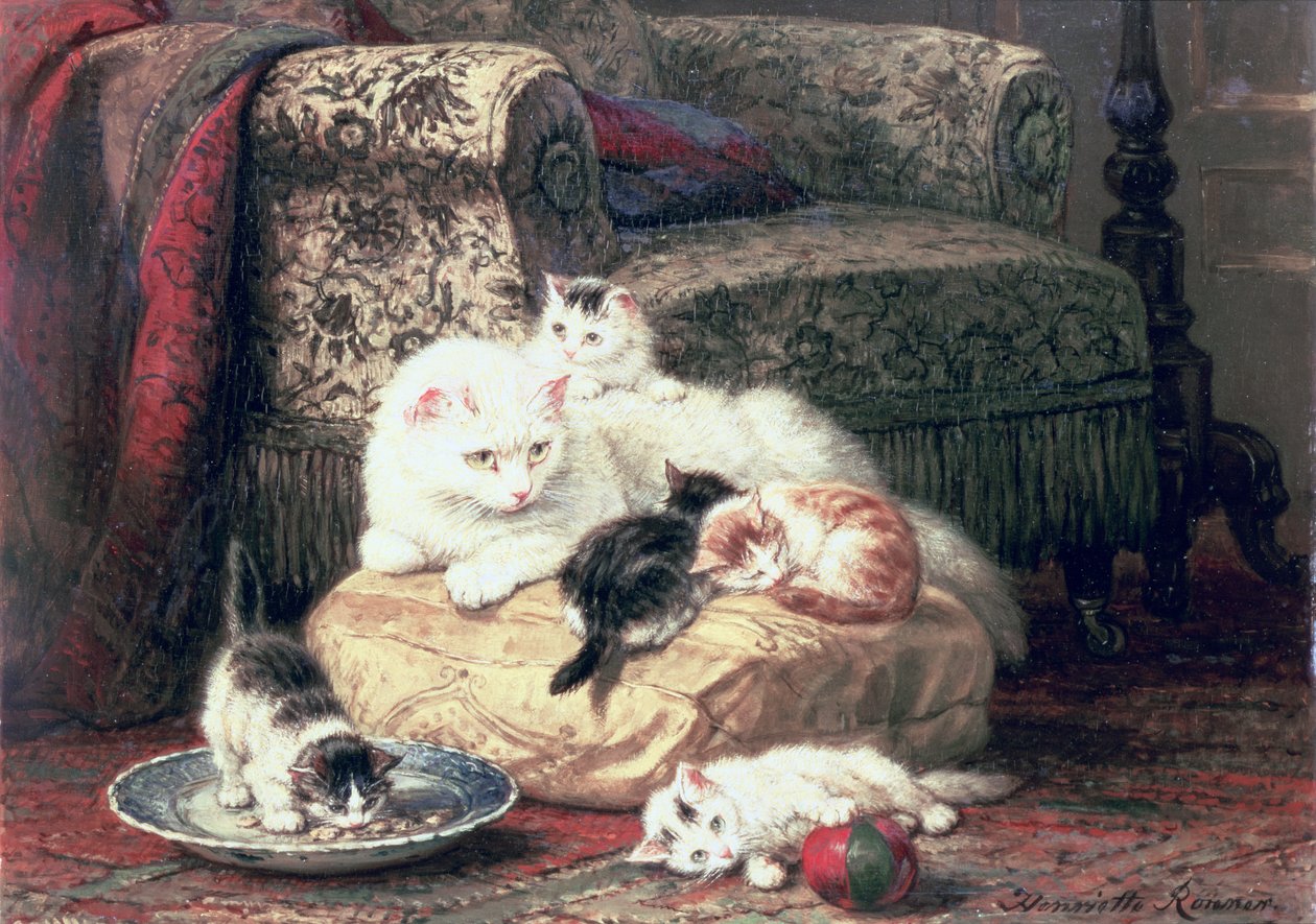 Gata con sus gatitos en un cojín de Henriëtte Ronner Knip