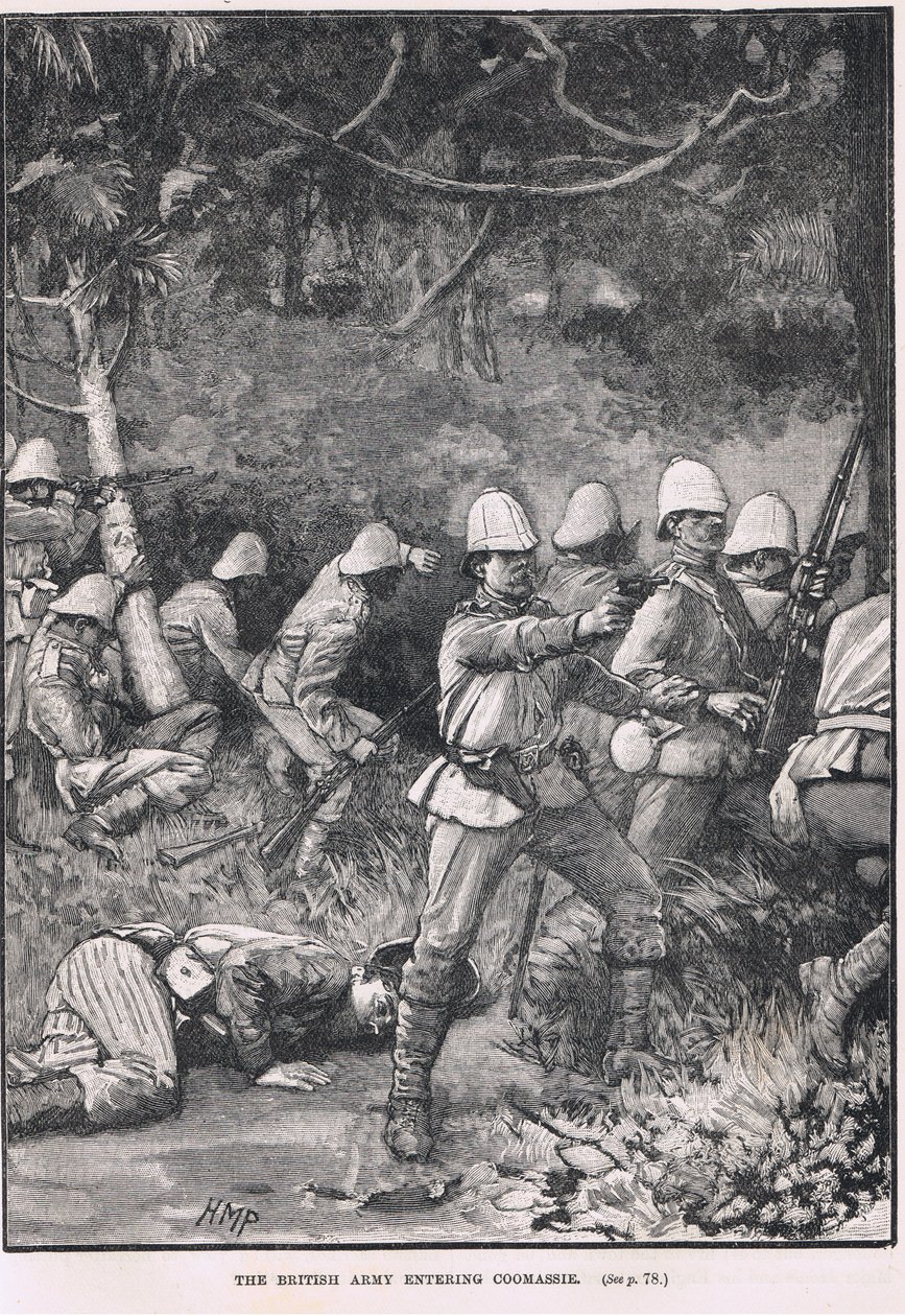 El ejército británico entrando en Comassie, ilustración de 