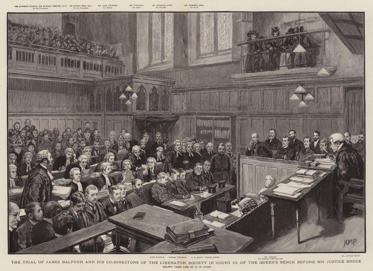 El juicio de Jabez Balfour y sus codirectores de la Sociedad Liberator en el Tribunal III del Banco de la Reina ante el juez Bruce de Henry Marriott Paget