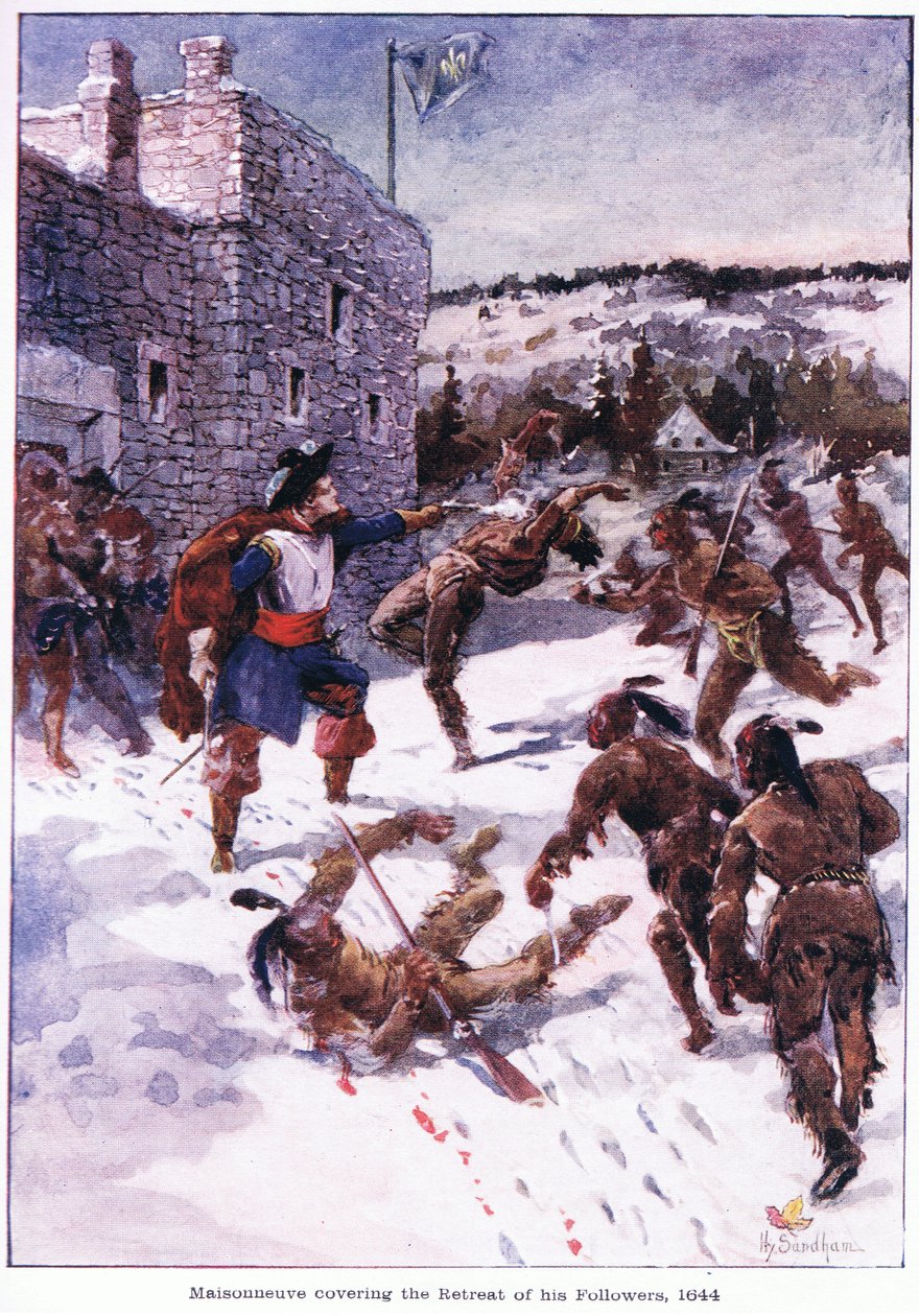 Maisonneuve cubriendo la retirada de sus seguidores 1644, c.1920 de Henry Sandham