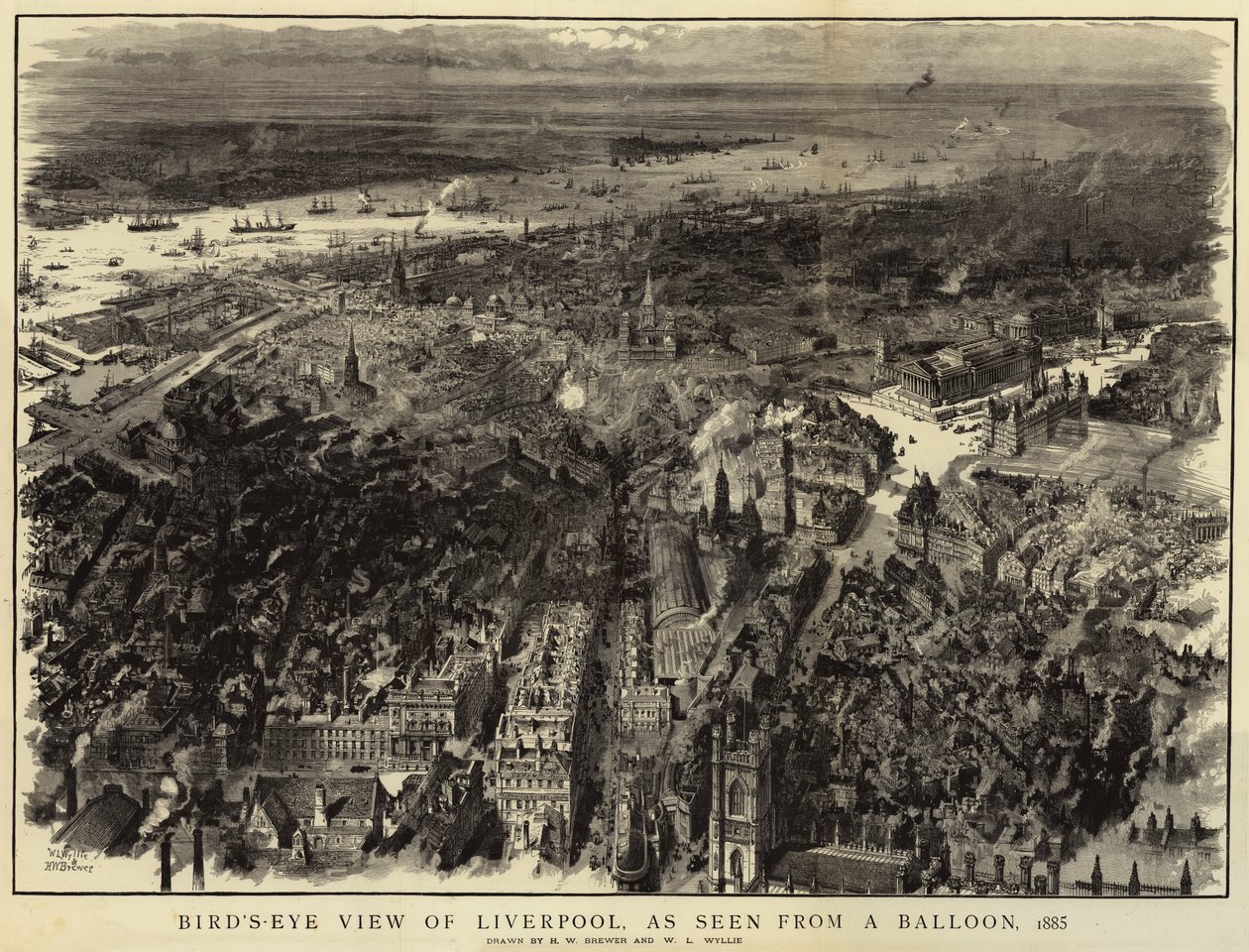 Vista Aérea de Liverpool, vista desde un Globo, 1885 de Henry William Brewer