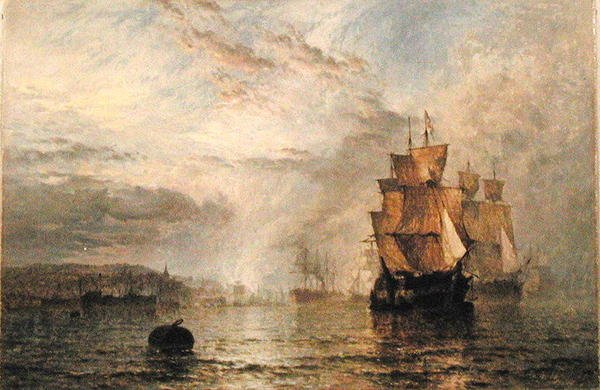 Barcos calmados en un estuario al atardecer de Henry Dawson
