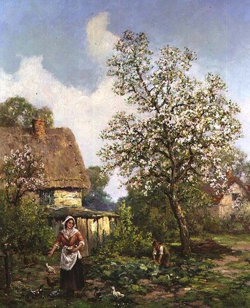 Alimentando a las gallinas de Henry John Yeend King