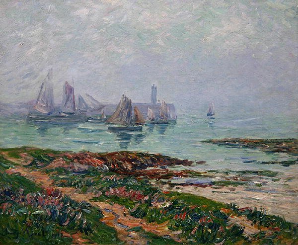 Escena costera con barcos de pesca de Henry Moret