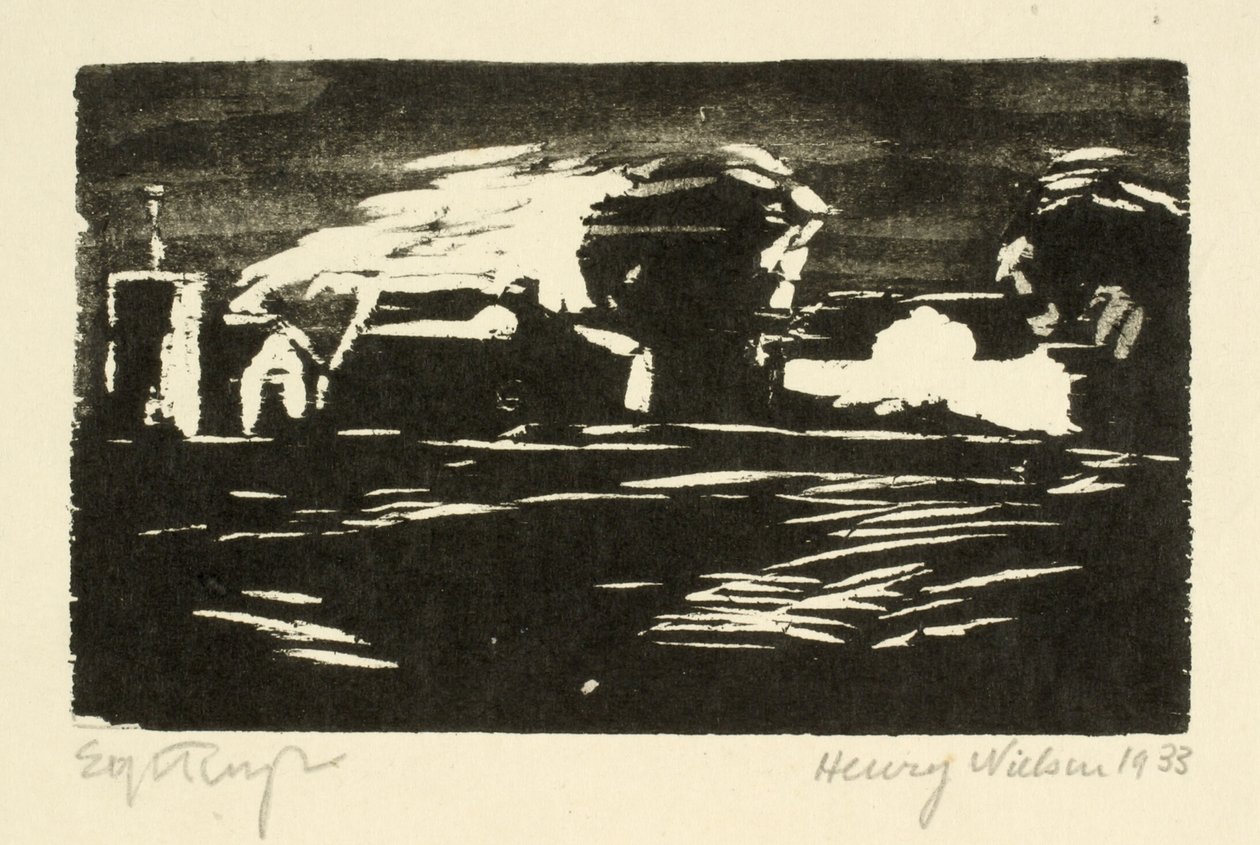 Paisaje oscuro con árboles y casas de Henry Nielsen
