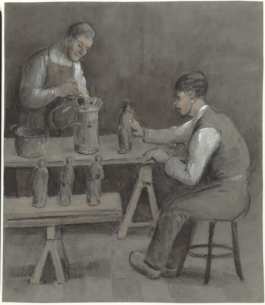 Dos trabajadores en la fabricación de figuritas de Herman Heijenbrock