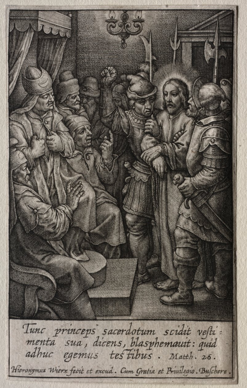 La Pasión: Cristo ante Caifás de Hieronymus Wierix