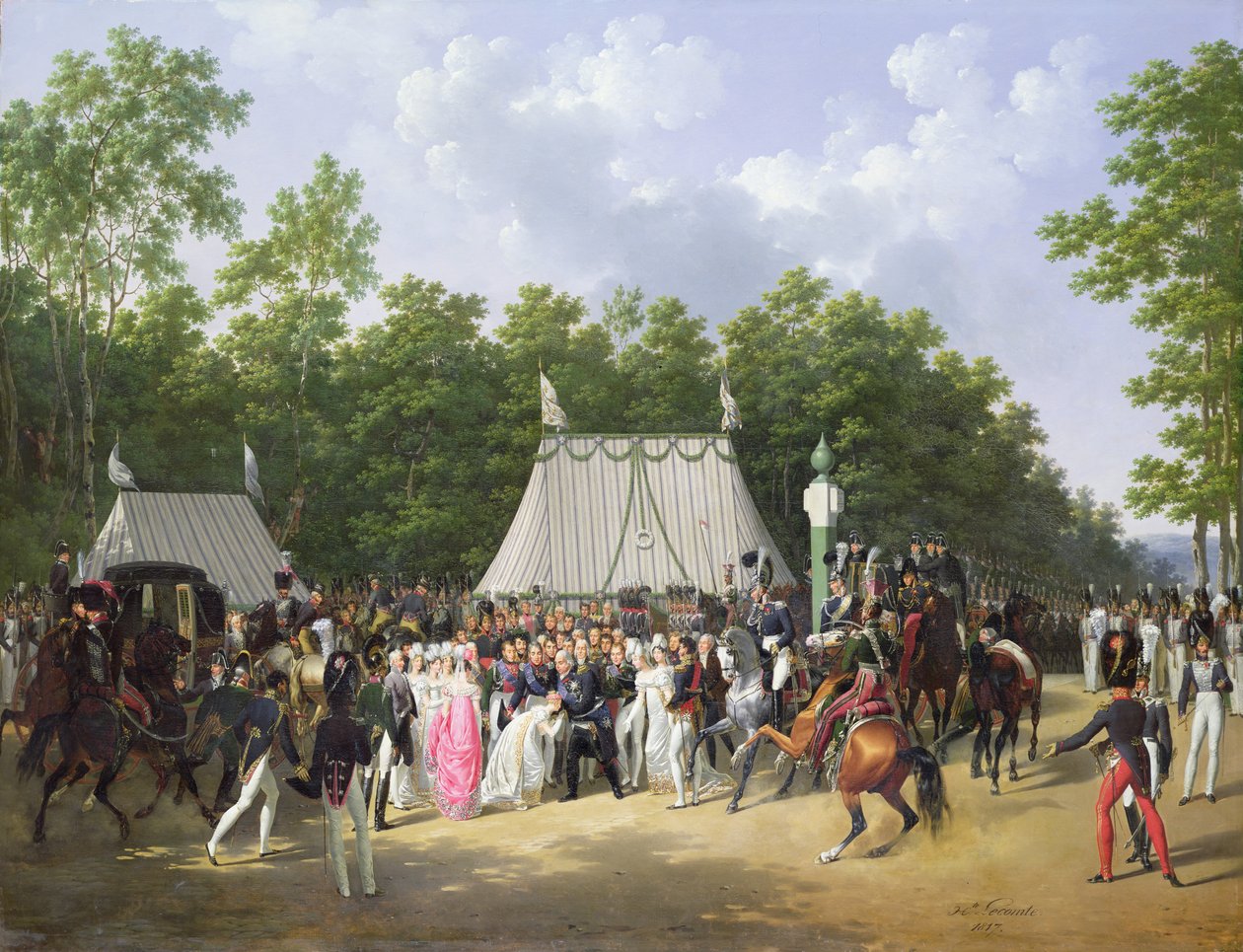 Luis XVIII (1755-1824) saludando a Marie-Caroline-Ferdinande de Borbón, Princesa de Sicilia, en la Croix de Saint-Herem en el bosque de Fontainebleau, 15 de junio de 1816, 1817 de Hippolyte Lecomte