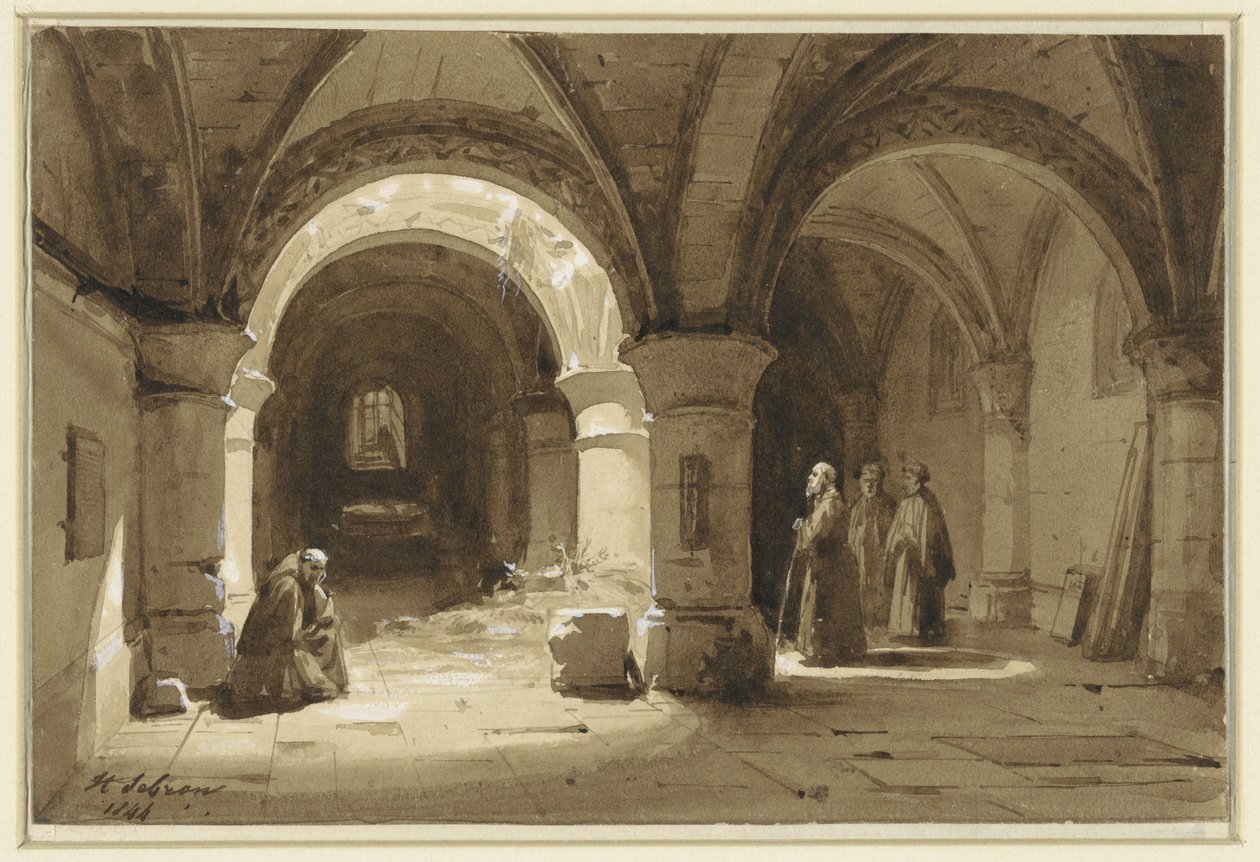 Bóvedas de monasterio con monjes de Hippolyte Victor Valentin Sebron