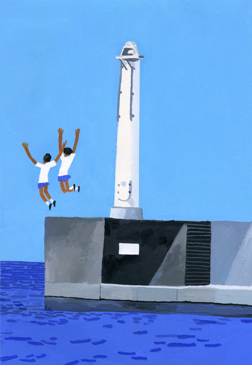 Una niña saltando en el malecón de Hiroyuki Izutsu