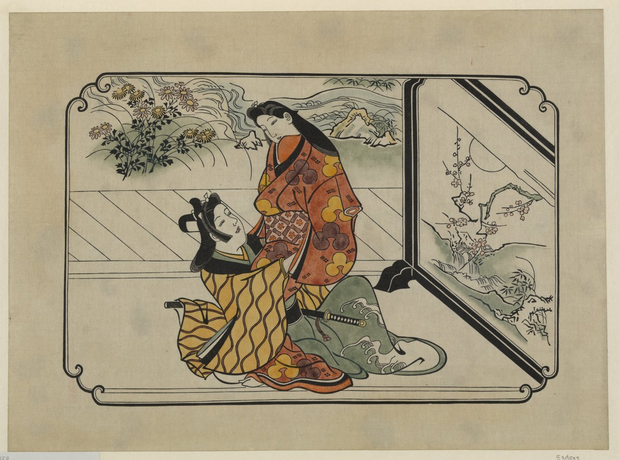 Grabado ukiyo-e a mano de dos amantes abrazándose frente a una pantalla pintada de Hishikawa Moronobu