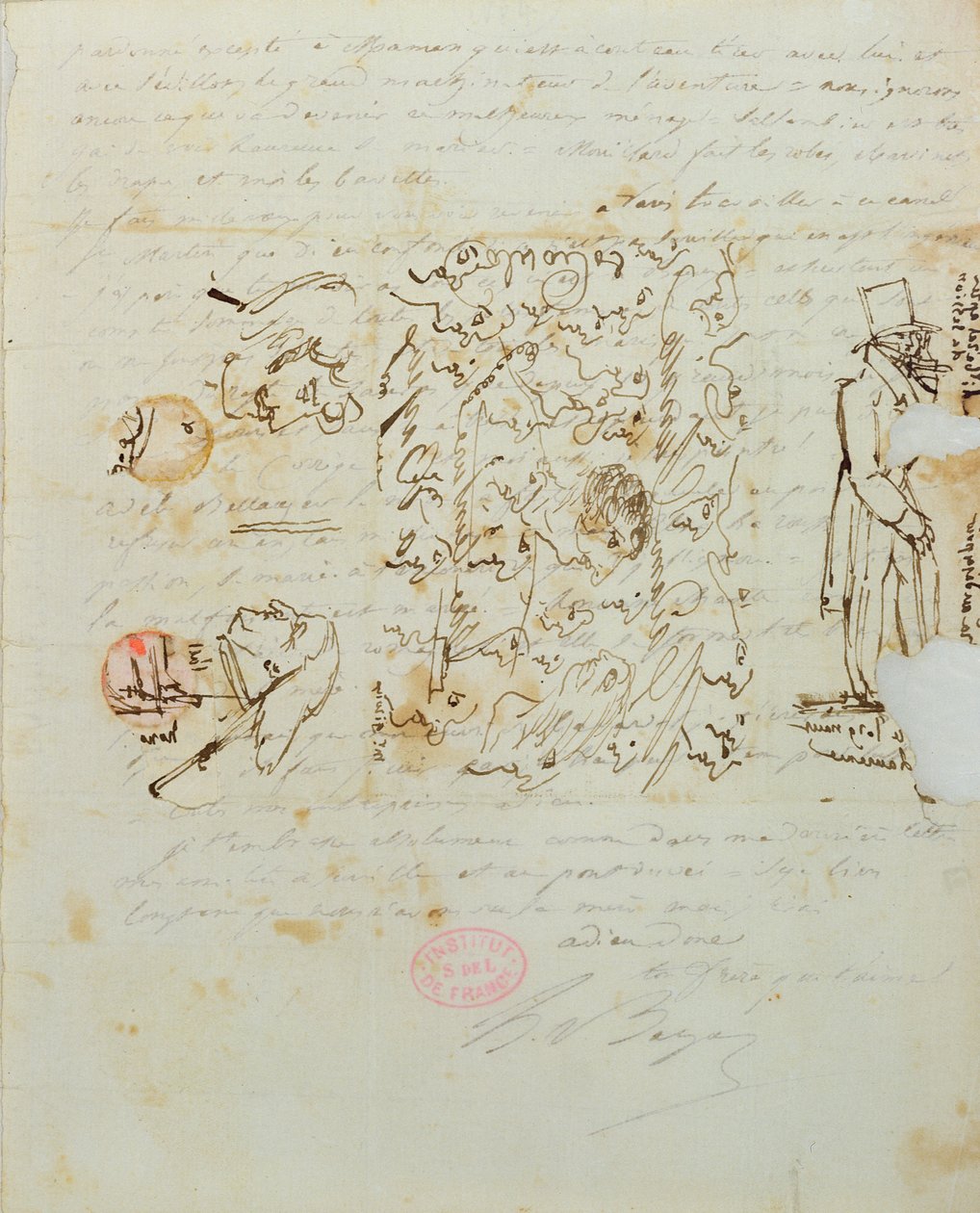 Carta con dibujo enviado a la hermana de Balzac, Laure, 1821 de Honore de Balzac