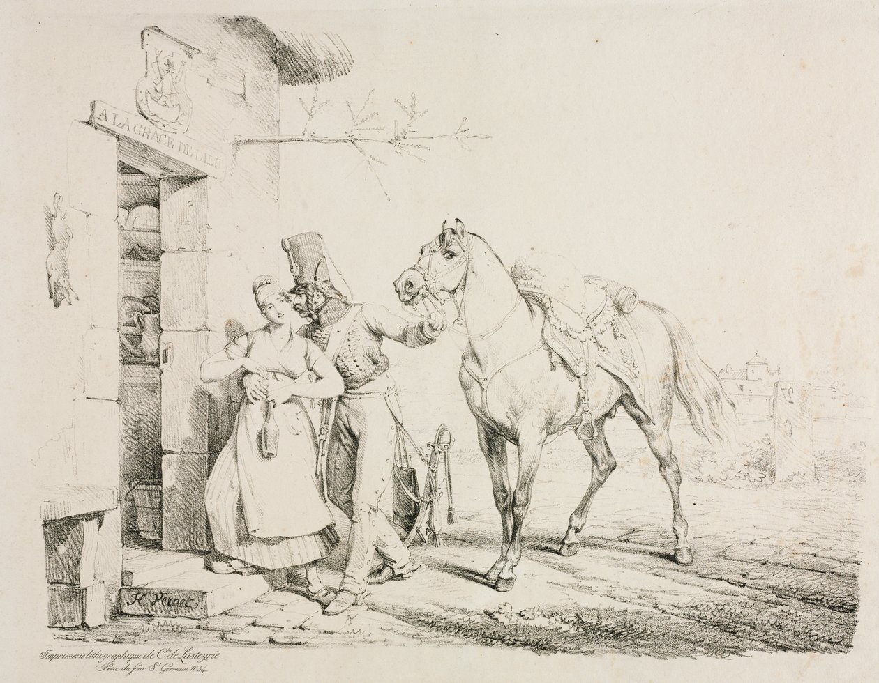 Un húsar abrazando a un sirviente de Emile Jean Horace Vernet