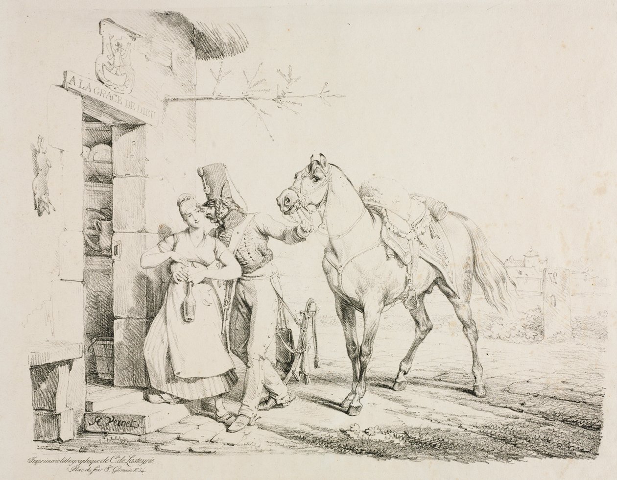 Un húsar abrazando a un sirviente de Emile Jean Horace Vernet