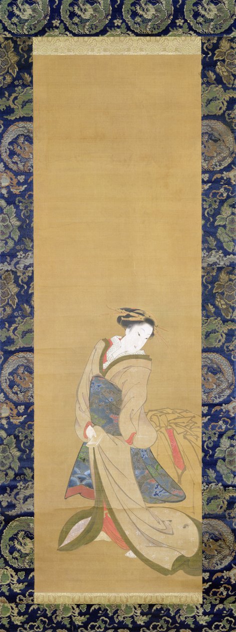 Una mujer elegante en un Obi azul de Hotei Gosei