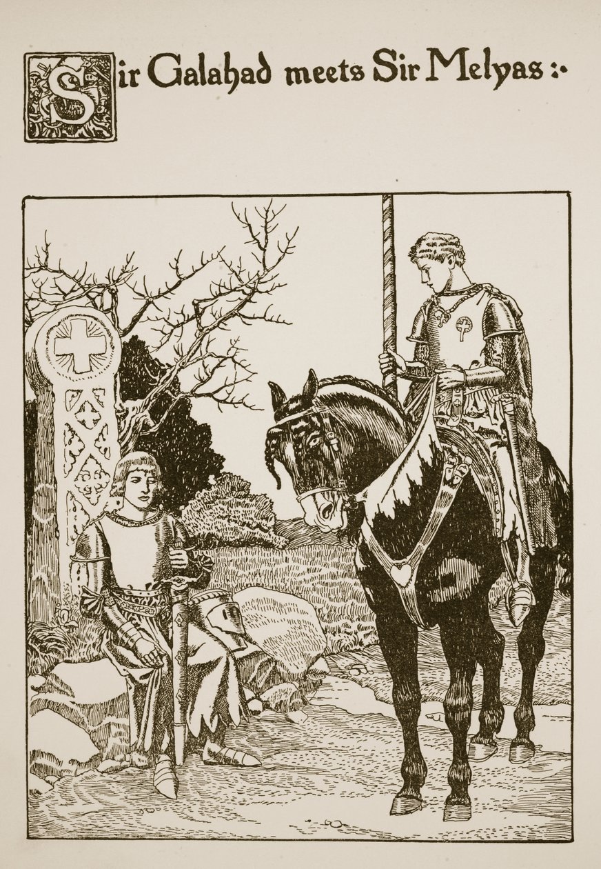 Sir Galahad se encuentra con Sir Melyas, ilustración de 