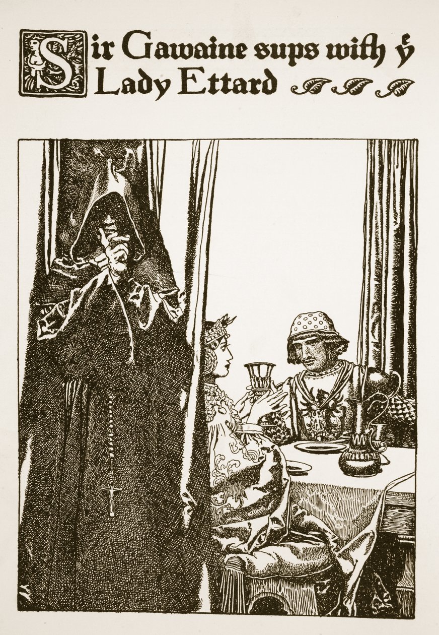 Sir Gawaine cena con la Dama Ettard, ilustración de 