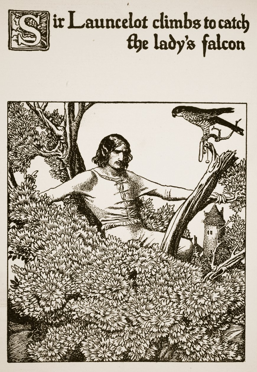 Sir Launcelot sube para atrapar el halcón de la dama, ilustración de 