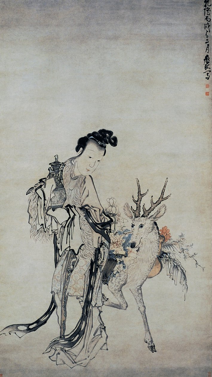 Ma-gu Sosteniendo un Jarrón, con un Ciervo de Huang Shen