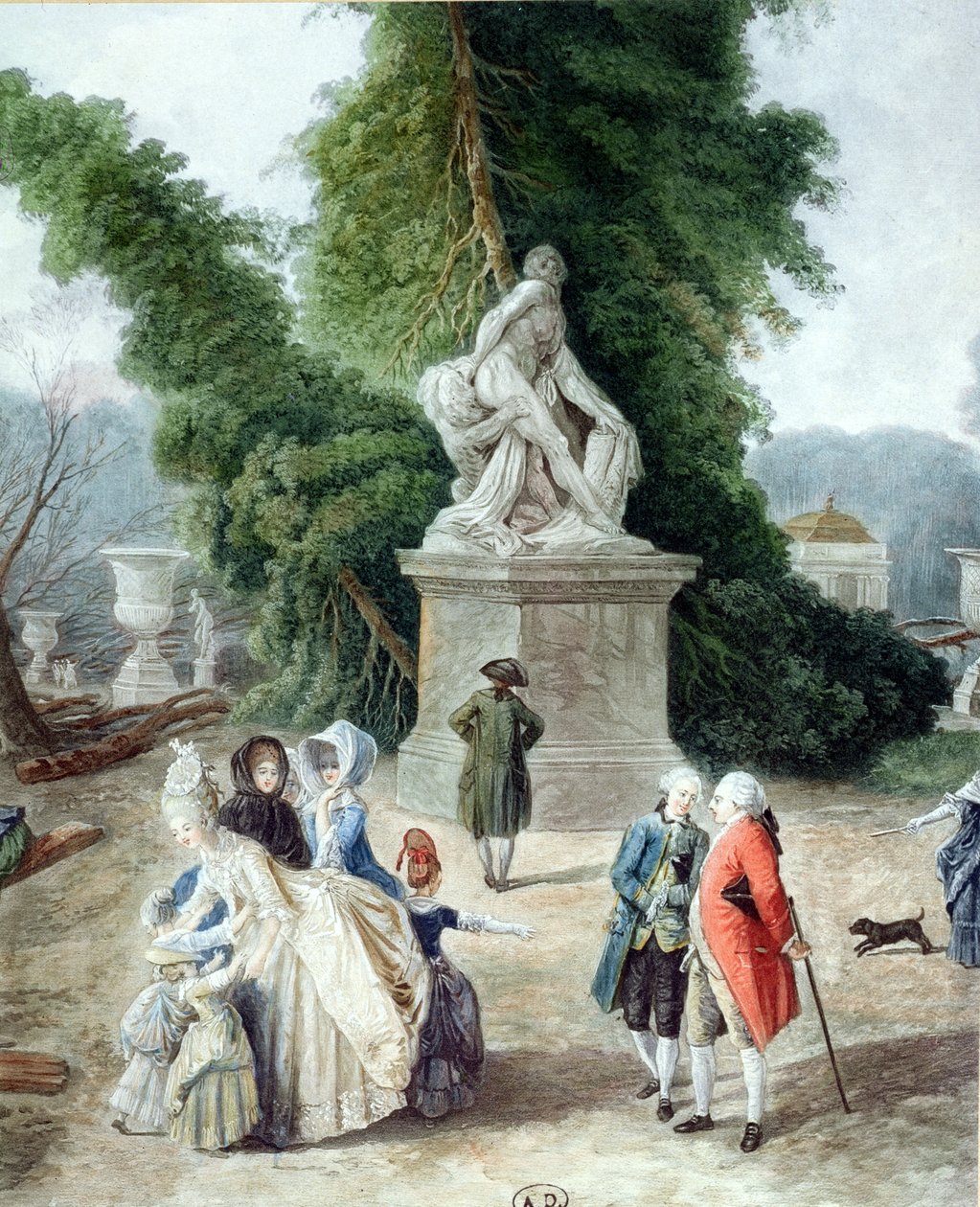 Luis XVI (1754-1793) y María Antonieta (1755-1793) en la entrada del Tapis Vert en los jardines de Versalles, 1775 (grabado en color) (detalle) de Hubert Robert