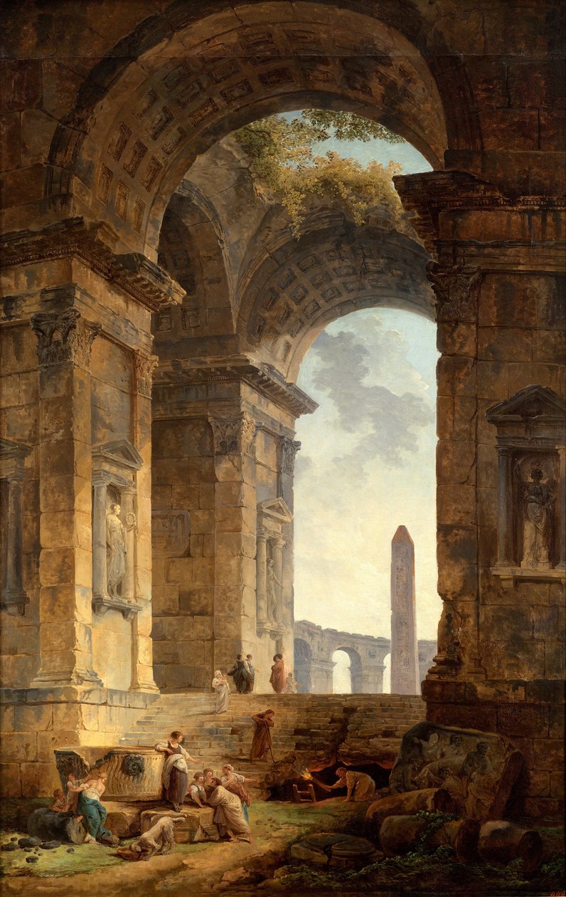 Ruinas con un obelisco en la distancia de Hubert Robert