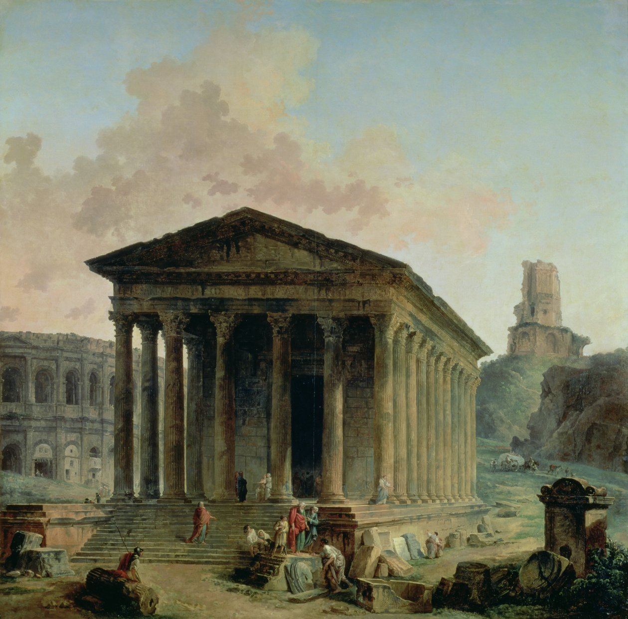 La Maison Carrée con el Anfiteatro y la Torre Magne en Nimes, 1786-87 de Hubert Robert