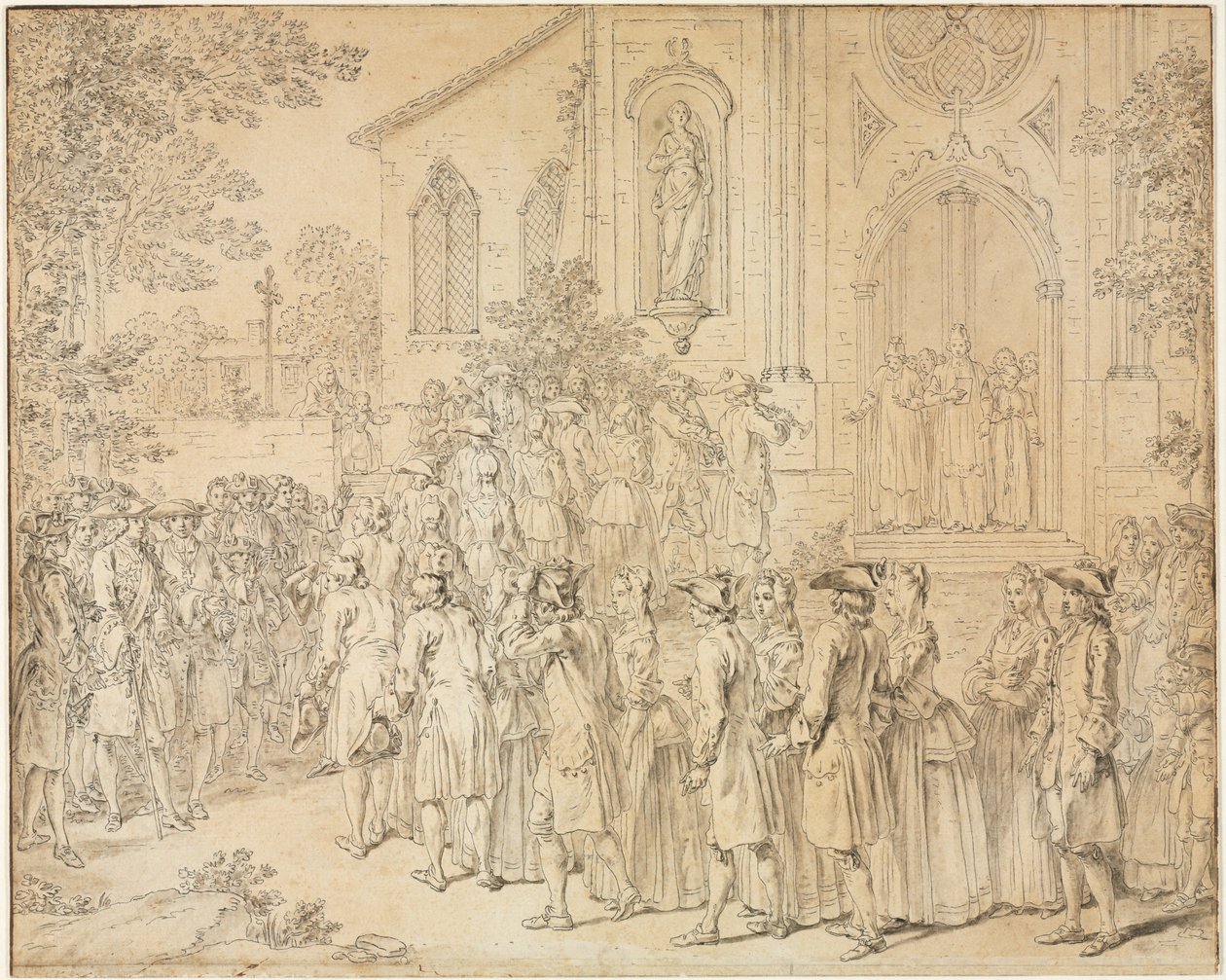 Una procesión entrando en una iglesia de Hubert François Bourguignon Gravelot