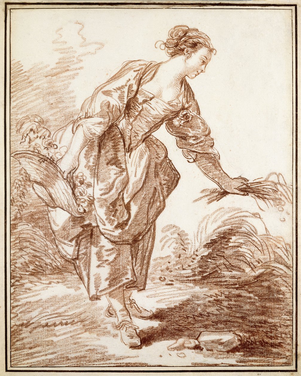 Una pastora recogiendo flores de Hubert Robert