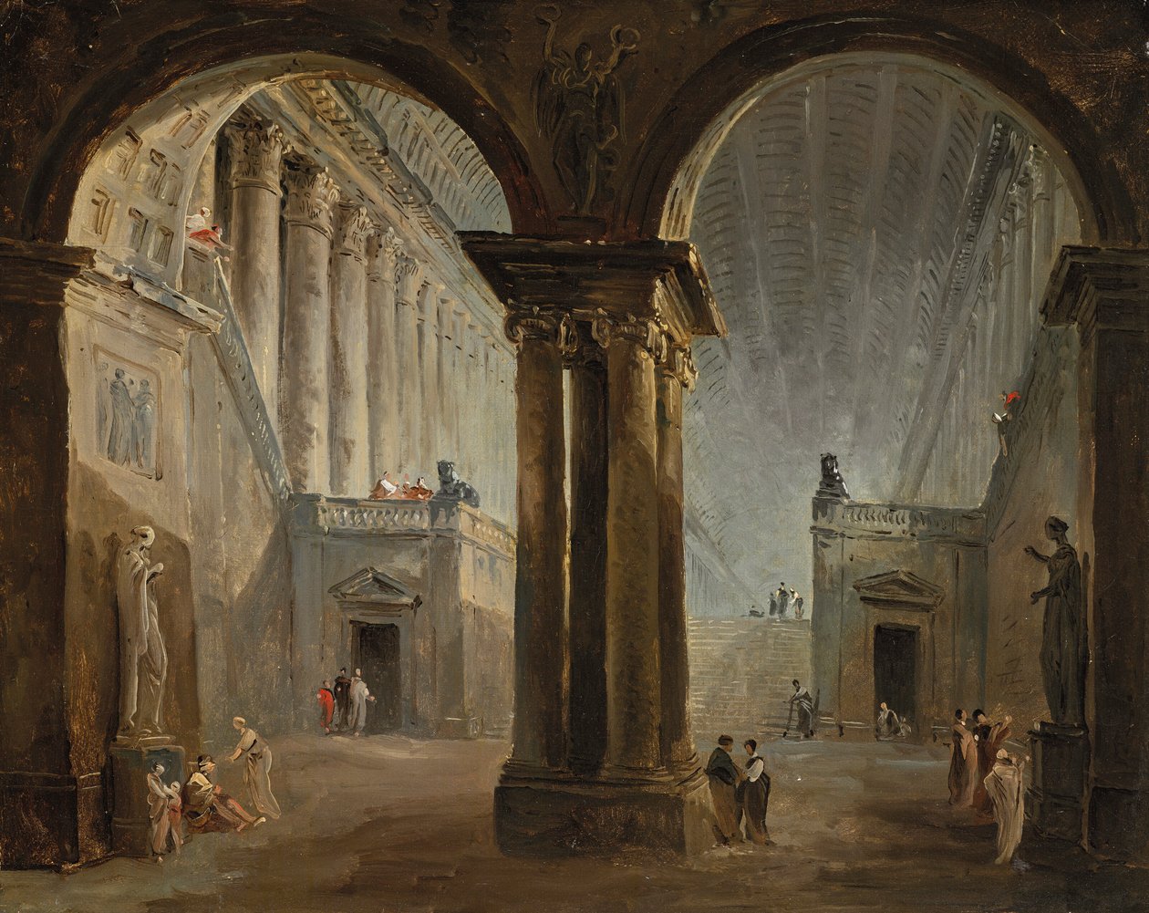 Gente en una galería de antigüedades de Hubert Robert