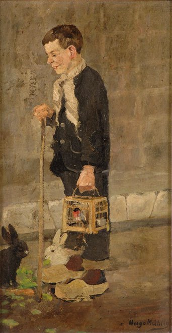 Niño con dos conejos y una jaula de pájaros de Hugo Muhlig