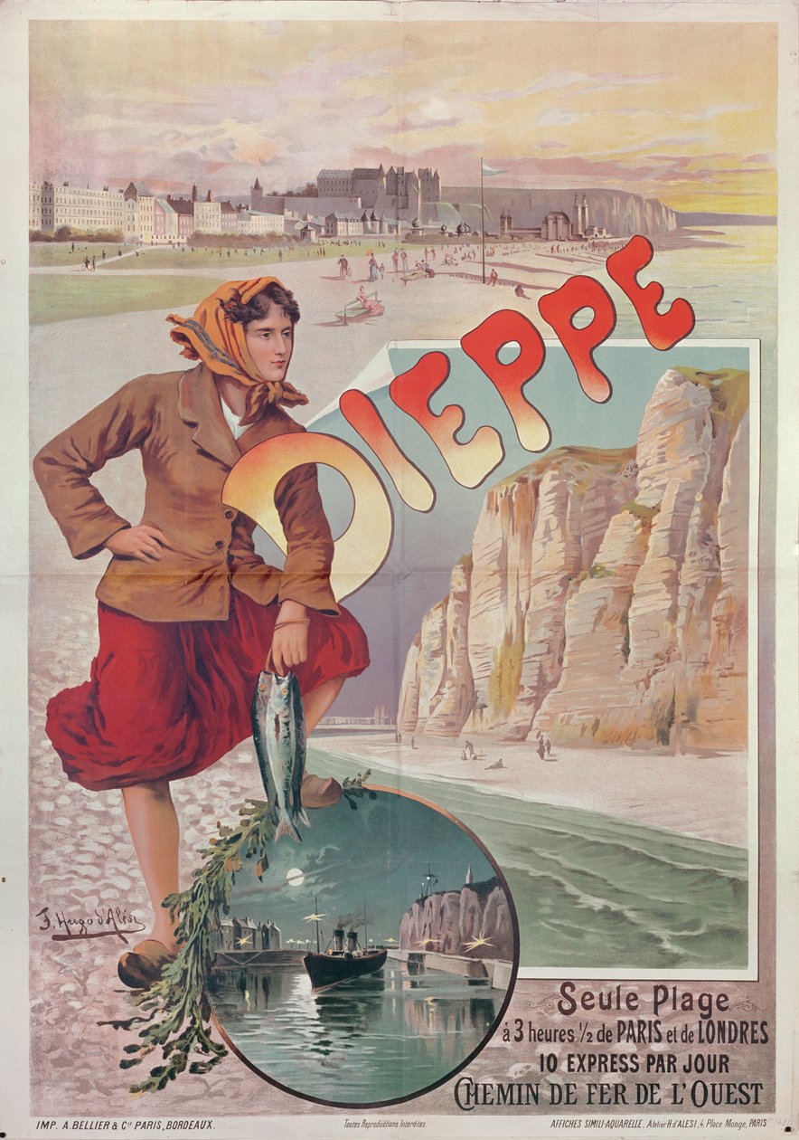 Póster de los ferrocarriles franceses que anuncia las atracciones de Dieppe, c.1896 de Hugo dAles