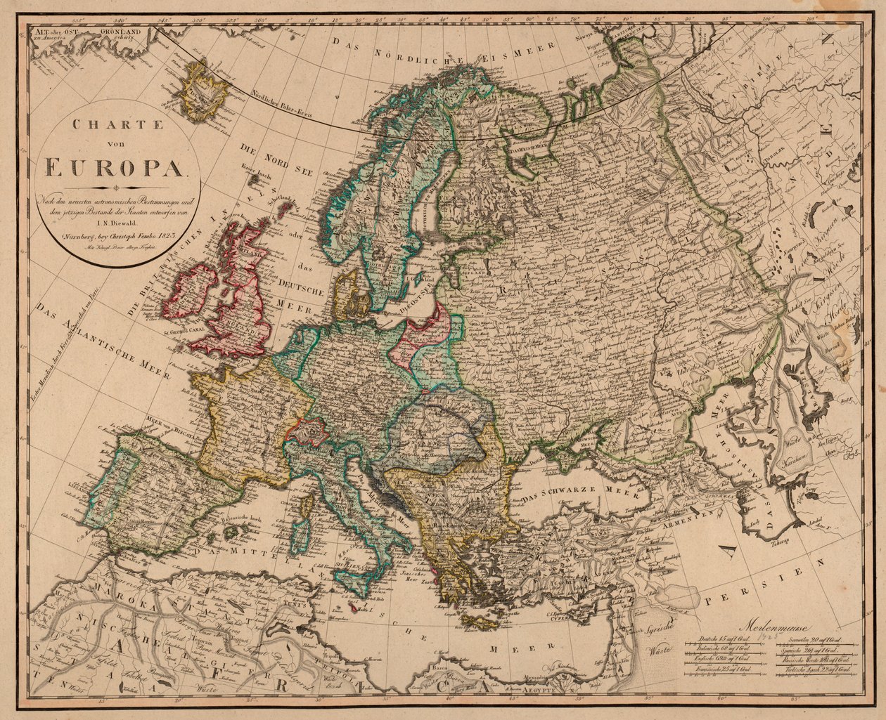 Mapa publicado en Núremberg, por Christoph Fembo (1823) y muestra Europa de I. N. Diewald
