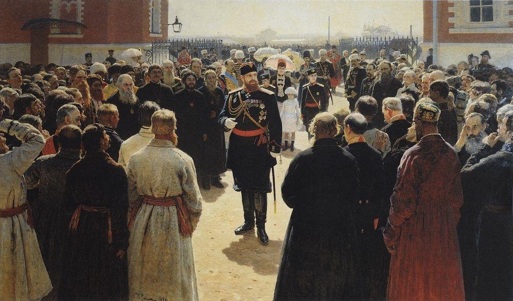 Alejandro III recibiendo a los ancianos del distrito rural en el patio del Palacio Petrovsky en Moscú de Ilya Efimovich Repin