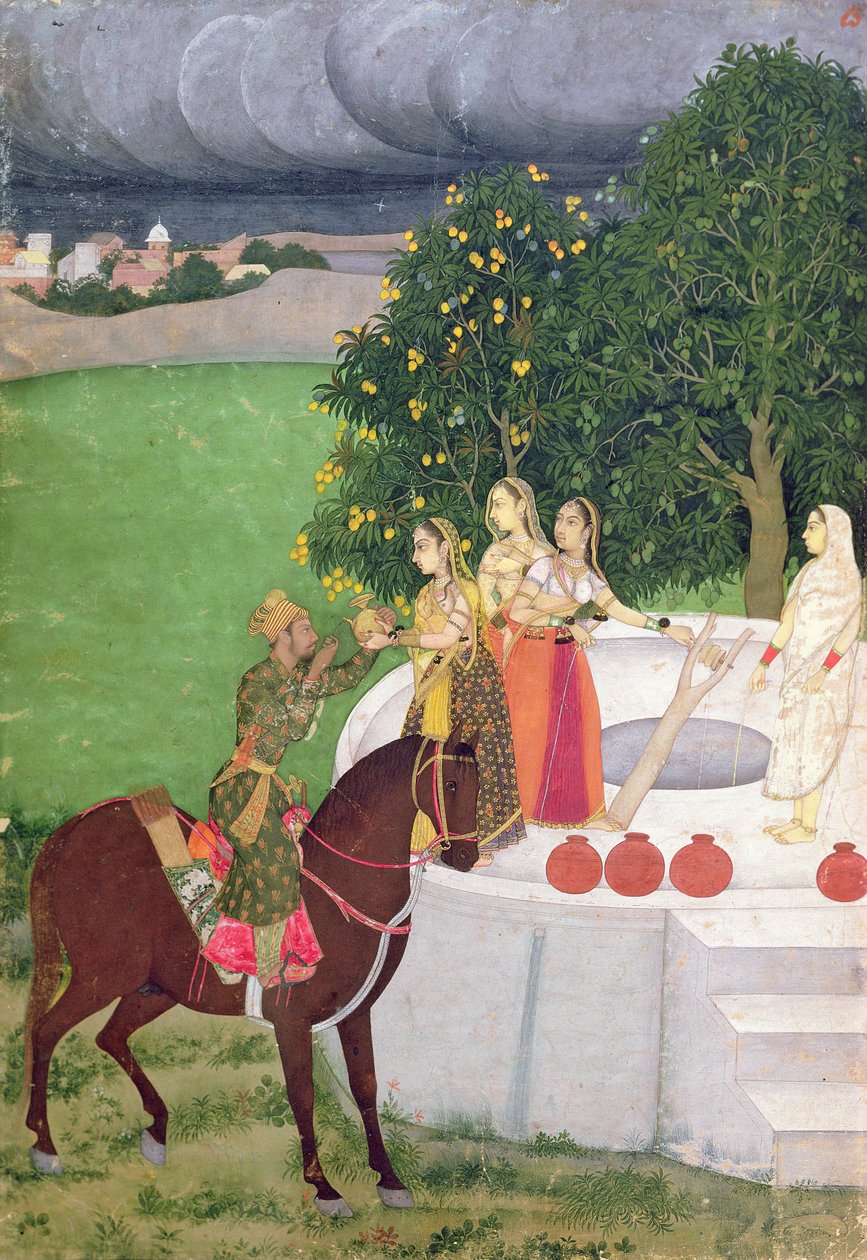 Un príncipe pidiendo agua a mujeres en un pozo, Mughal, c.1720 de Indian School